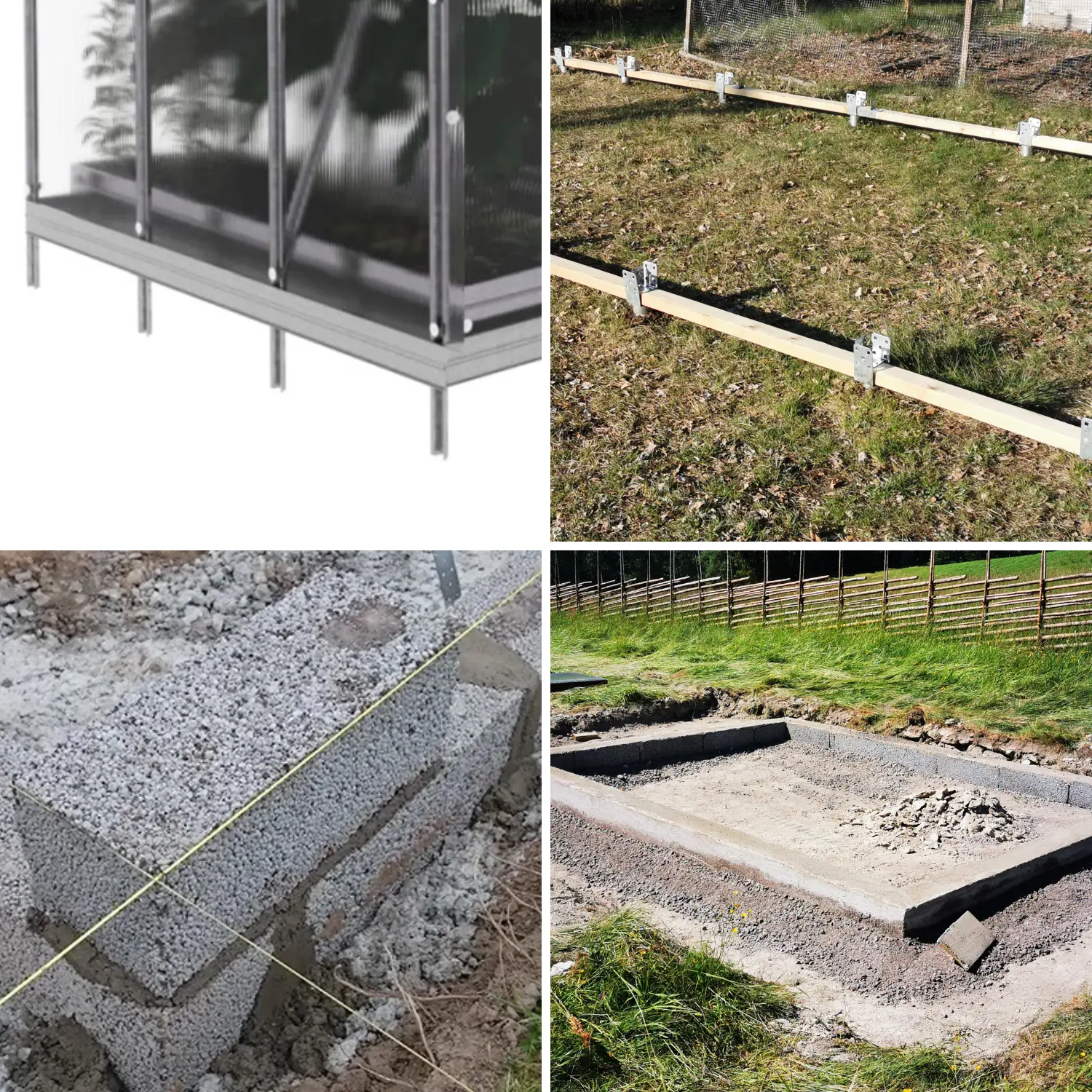 Fotocollage af 4 forskellige fundamenter til drivhuse