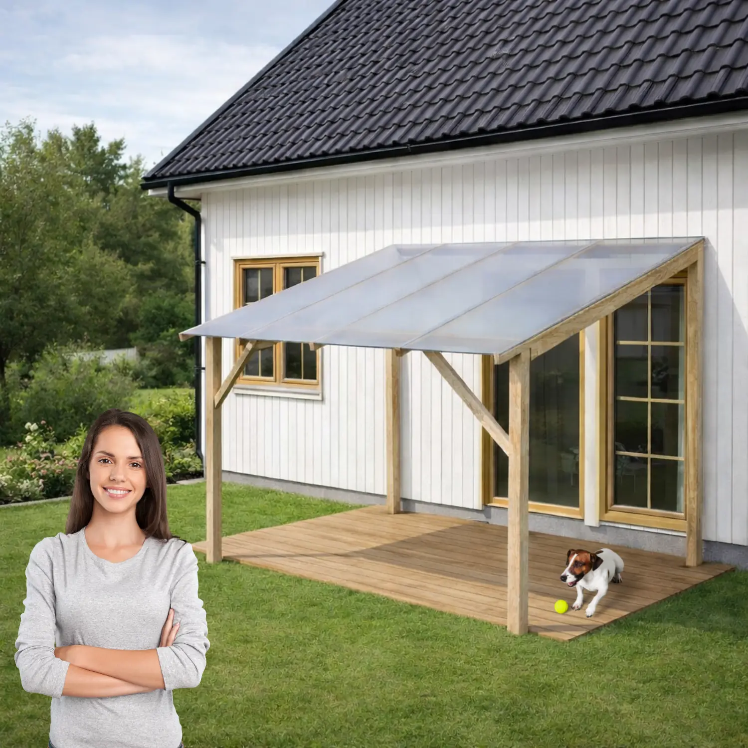 Træterrasse med tag af flerlags-polykarbonat og en glad kvinde i haven