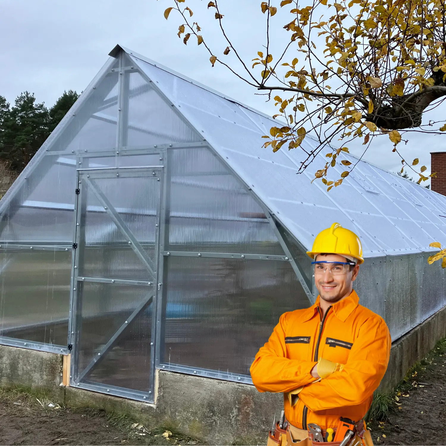 Renoveret drivhusstel med polykarbonat og en tilfreds medarbejder