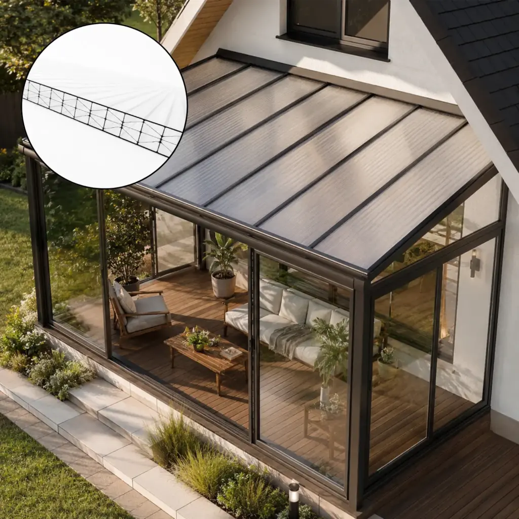 Moderne lukket terrasse med tag af flerlags-polykarbonat
